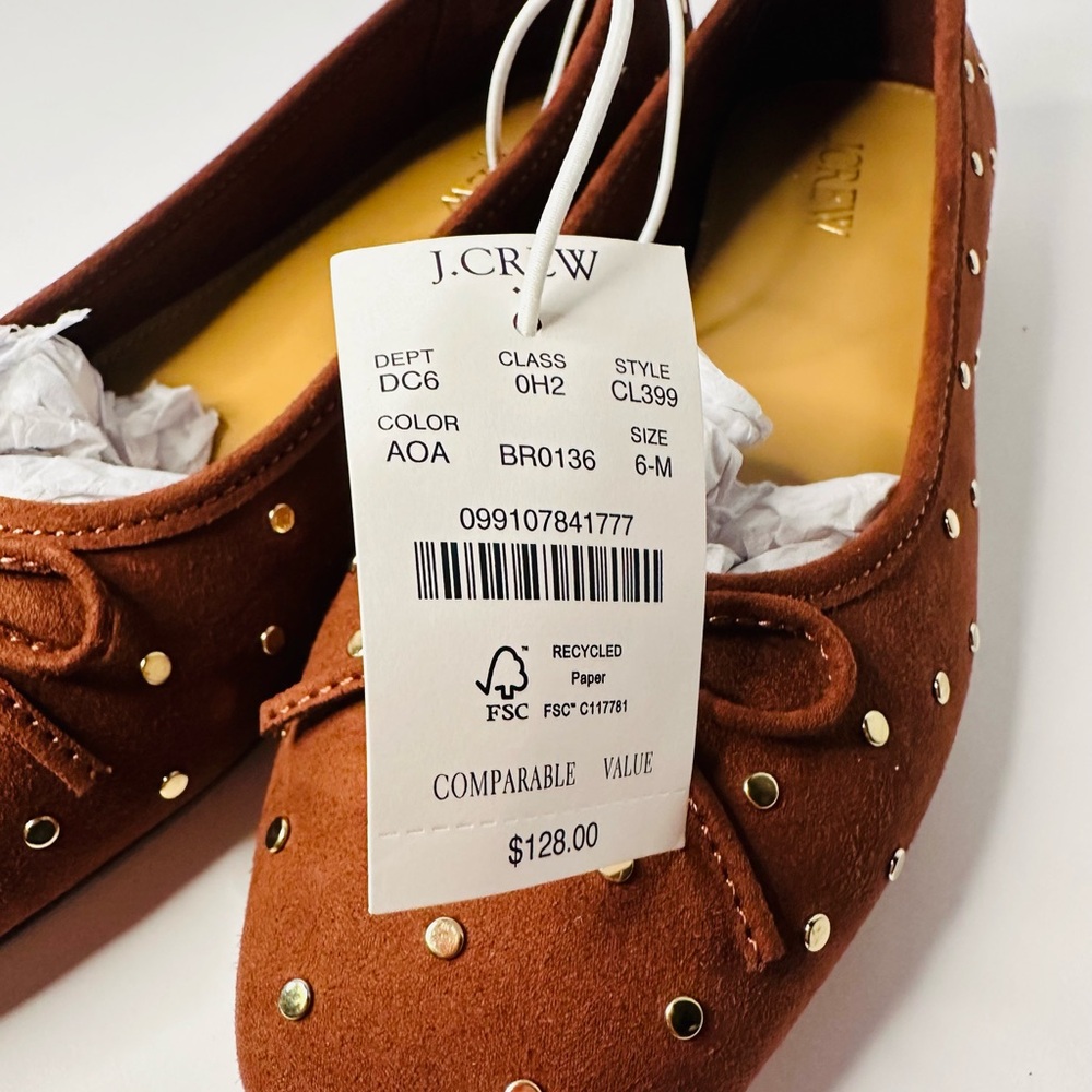 J.Crew Studded Suede Ballet Flats Size 6 Brown Bow Gold Studs NWT - Picture 6 of 6